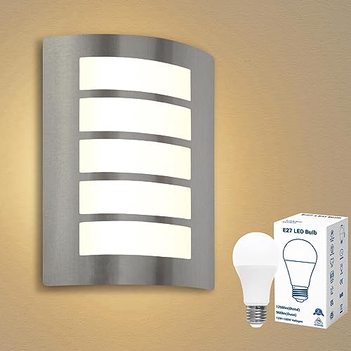 Wondlumi 12W Applique Murale Intérieur/Extérieur E27 LED Inox Brossé Étanche IP44 ABS,Luminaire Exterieur 1200lm Blanc Chaud pour Escalier...