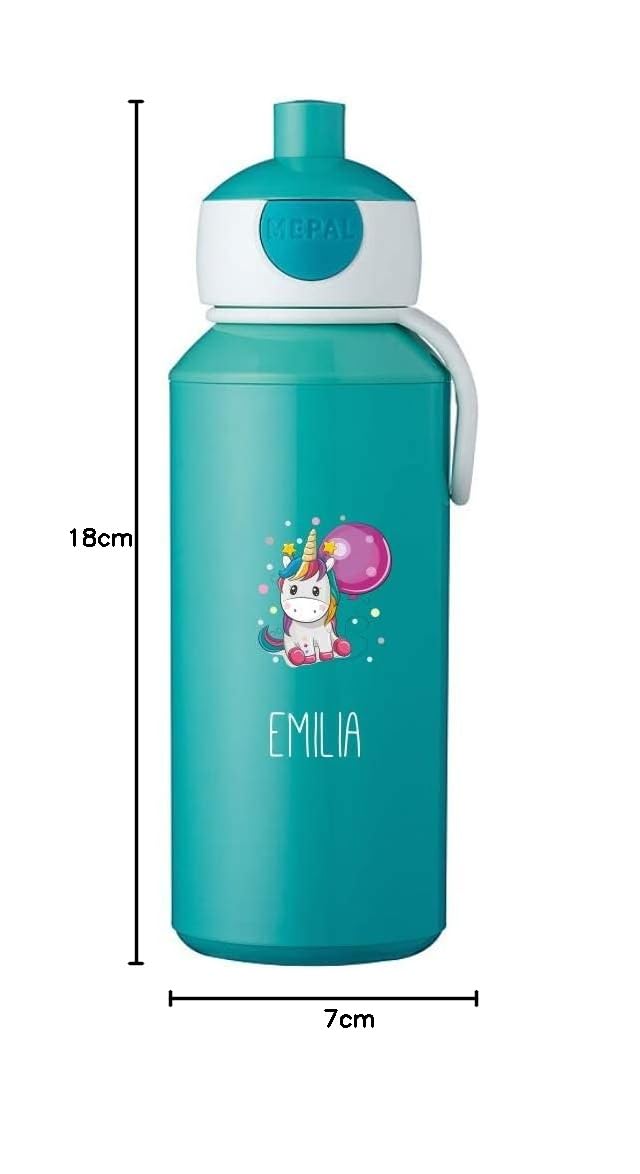 4youDesign | Set Brotdose und Trinkflasche mit Motiv -EINHORN- für Kinder, personalisiert mit Namen, in 6 Farben – Pop-up Flasche für Schule & Sport – Geschenkidee zur Einschulung (Cool Mint)