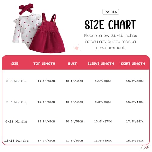 LUVCES Neugeborenes Baby Mädchen Röcke Sets Rotes Herz Rüschen Top + Knopf Overall Hosenträger Skirt + Stirnband Kleidung Outfits Set 3Pcs Rotes Liebesherz 0-3 Monate