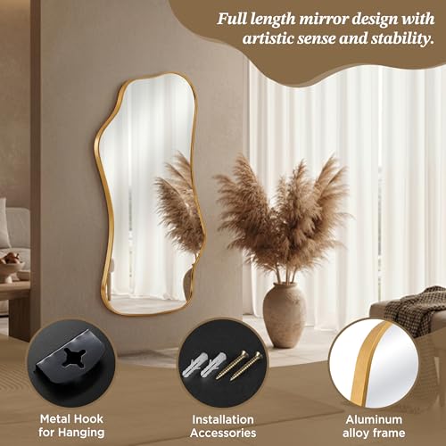 Image of Bathroom Mirrors for Over Sink-Horizontal or Vertical Hanging 47.2 inchx21.6 inch Gold Asymmetrical Wavy Aluminum Frame Decorative Full Body Mirror for Living Room,Bedroom,Cloakroom,Entryway