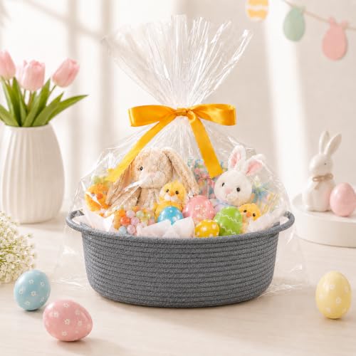 Image of Empty Gift Basket with Gift Bag & Ribbon, Woven Rope Basket, 12x8x5 inch