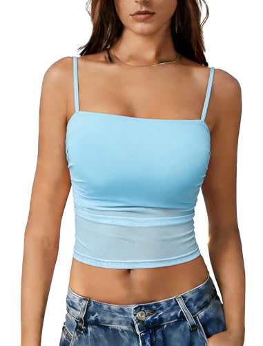 Avidlove Tube Tops for Women Spaghetti Strap Bralettes Mesh Cami Top Slim Y2K Camisole Light Blue