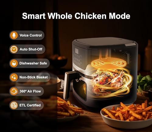Emerson SmartVoice 5.3QT Air Fryer, 1000+ Voice Commands, 6-in-1 Digital Cooker, Compact Countertop Design, Oil-Free Healthy Cooking, Easy-Clean Nonstick Basket, 1500W - Image 4