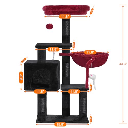 Image of Heybly Cat Tree with Toy, 43.3 inch Cat Tower for Indoor Cats HCT004SBR | Cat Condo with Durable Sisal Scratching Posts, Cat House with Padded Plush Perch, Cozy Hammock, Black and Red