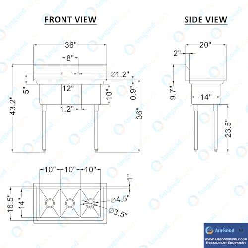Image of Stainless Steel Sink - 3 Compartment Sink 10 inchx14 inchx10 inch with Legs and Faucet | Utility | Commercial | Laundry | Kitchen | NSF