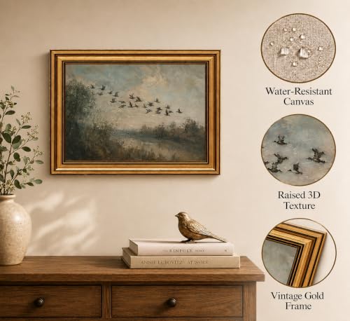 Image of Gold Framed 3D Textured Wall Art, Vintage Misty Lake Forest Flying Duck Canvas Prints, Nature Landscape Flock of birds Pictures Decor, Rustic Farmhouse Wildlife Artwork for Living Room Bedroom 12x16in
