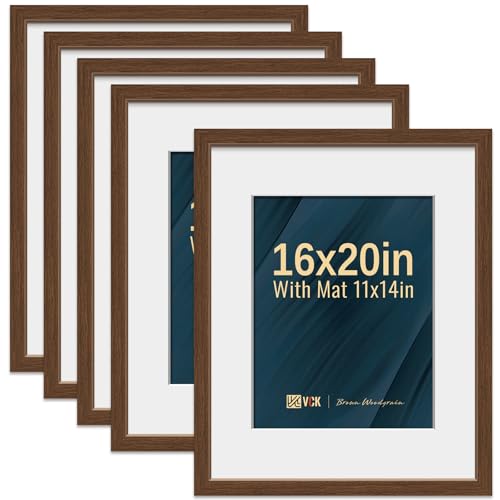 Image of VCK 16x20 Picture Frames 5 Pack, Brown Wood, 11x14 Mat, Glass, for Artwork