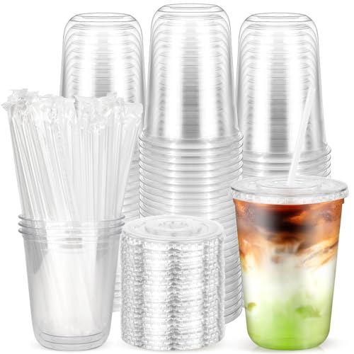 100PCS 14 oz Plastic Cups with Flat Lids and Clear Straws Disposable Iced Coffee Cups with Lid Round Bottom To Go Drink Cups for Soda Smoothies Boba Cold Beverage Juice Bars Takeout Party