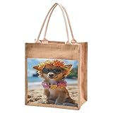 OWFKAY Canvas-Tragetasche für Damen, Strandtasche, Jute, Strandtasche, Einkaufstasche, Reisen, Schwimmen, Fitnessstudio, 24,9 x 24,9 cm, niedlicher Hundestrand, Niedlicher Hundestrand, 12.6x14.2in