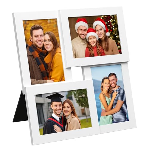 Innoteck 4 Collage Picture Frame Set, Wooden Multi Photo Frames for Wall & Desk Decor, Fits 6 x 4 Photos, Vertical & Horizontal Display with Stand & Wall Hanger, Shatter-Resistant Glass, Cloud White