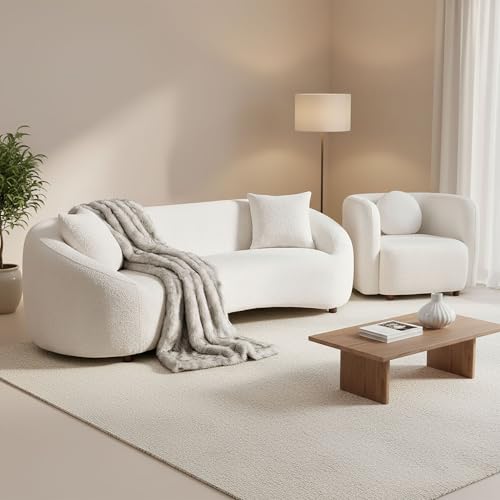 Image of Modern Sofa Set of 2 Piece Couch Set Upholstered Boucle Fabric 3-Seat Minimalist Curved Sofa and Oversized Sofas Chair Solid Wood Frame Tight Curved Back Cloud Couch and Chair Set for Living Room Home