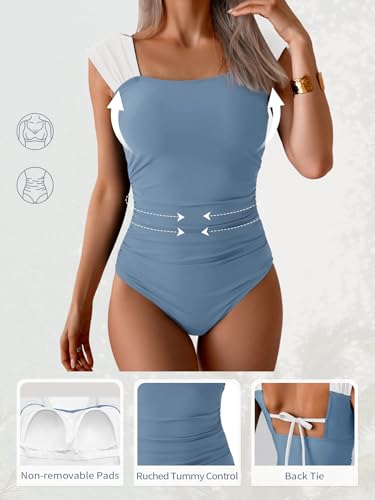 Image of B2prity Womens One Piece Swimsuit Retro Square Neck Tummy Control Bathing Suits Ruched Modest Full Coverage Swimwear