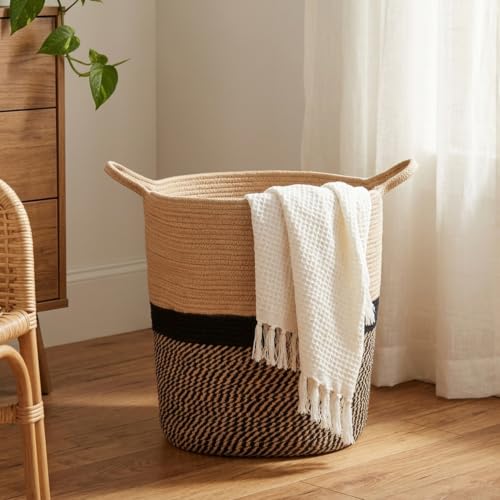 amazon basics Polycotton Basket Large Hamper Polycotton Baskets for Storage, 14D x 18.3H, Wicker Laundry Baskets for Living Room, Dirty Clothes Basket, Black & beige
