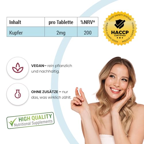 Kupfer 2mg - 200 Tabletten - Kupferbisglycinat - Hochdosiert - Bioverfügbar - Qualität aus Deutschland - ViVe Supplements