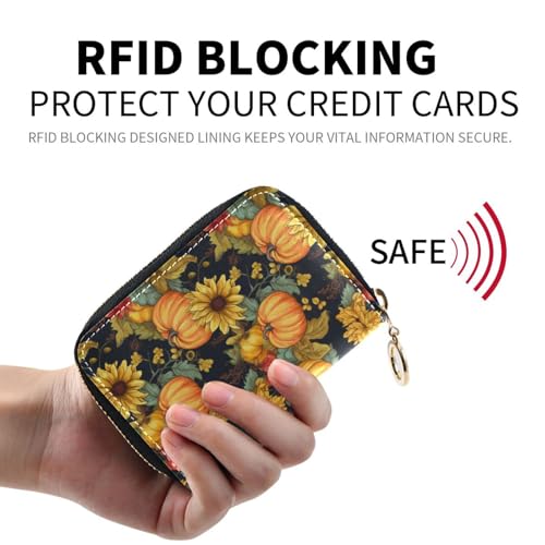 Thanksgiving Pumpkin Sunflower RFID Credit Card Holder Leather With Zipper Card Case Wallet for Women Girls2