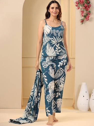 Image of Women's Printed Nightsuit Pajama with Top with Long Gown Lightweight Soft & Comfy Sleepwear for Girls & Women