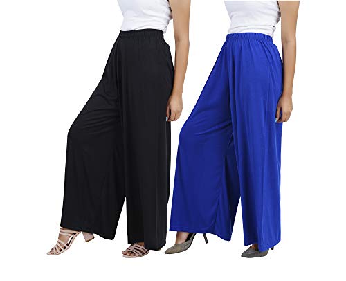 Image of Buy That Trendz M to 4XL Cotton Viscose Loose Fit Flared Wide Leg Palazzo Cotton for Pants Women Black Royal Blue Combo Pack of 2 XXX-Large