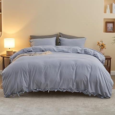 BISELINA 100% Washed Cotton Duvet Cover Set 3pcs with Bowknot Ties Strap Solid Color Linen Like Textured Durable Breathable Soft Comfy Chic Bedding (Queen, Cornflower Blue) Cover