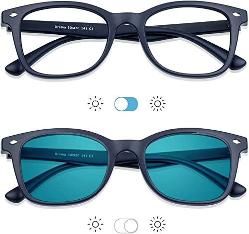 Image of YEIN Blue Light Blocking Glasses, Photochromic Blue Sunglasses, Computer Reading Glasses, TV Glasses for Women /Men(Navy,+2.25 Magnification)