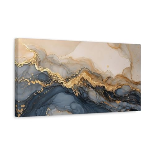 Toile abstraite bleue et or au-dessus de la cheminée du salon moderne