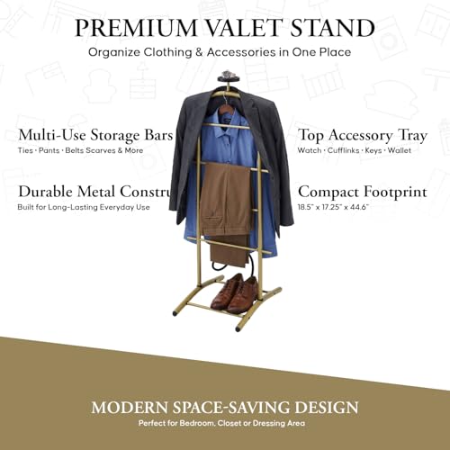 Image of Kings Brand Freestanding Metal Suit Valet Stand with Tie Bar, Gold | Complete Clothing Organizer with Hanger, Trouser Bar & Shelf Keeps Jackets, Pants, Ties, Belts & Accessories Organized