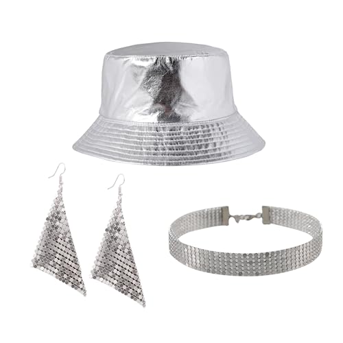 JAZTAKU Unisex Metallic Reversible Bucket Hat - Holographic Fishing Sun Cap for Rapper Hip Hop Costume