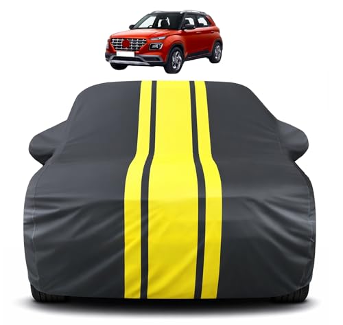 Image of Auto Hub Car Cover Compatible with Hyundai Venue with Mirror Pocket, Soft Cotton Lining, Venue Car Cover Waterproof - Yellow-Black