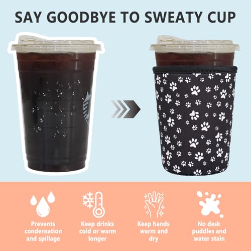 Image of 3 Pack Reusable Iced Coffee Sleeves - Xumbtvs Insulator Sleeve for Cold Beverages, Neoprene Coffee Cup Holder (Black paw)