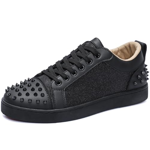 Men's Street & Punk Casual Sneakers: Metal Rivets, Black & White Studded Leather + Glitter Fabric, Lace - Up Comfortable Shoes