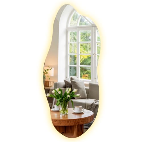 Grande Specchio con Luci LED 45x100 cm Organico Illuminazione Luce Calda per Soggiorno, Bagno, Camera da Letto Montaggio Verticale e Orizzontale Bordo Ondulato Decorativo Asimmetrico