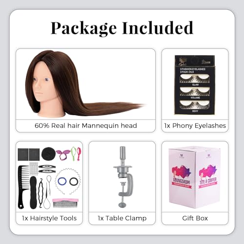 Mannequin Head 60% Human Hair,28 Inch Make up Cosmetology Manikin Practice Doll Head with Hair,Braiding Hairdressing Head for Hair Styling with Table Clamp + DIY Hair Styling Set