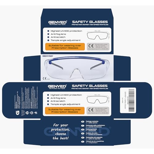 GENYED Safety Glasses for Work, Fit Over Prescription Glasses, Protection Glasses, CE EN166 Certified, Anti-scratch Anti-Fog UV400, Wrap-Around Lenses