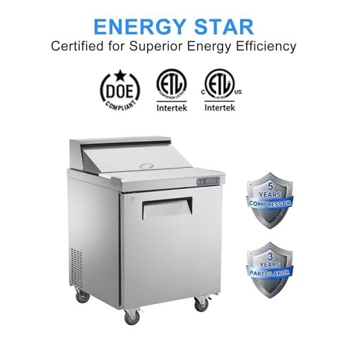 Image of JINSONG 28 inch W 1-Door Refrigerator Sandwich Salad Prep Table, Commercial Stainless Steel, Fan Cooling, 7.4 Cu.ft, with Cutting Board, 1 Shelf & 8 Pans for Restaurant, Bar, Shop