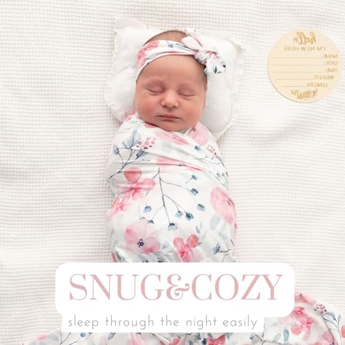 Image of Baby Girls Swaddle and Headband Beanie Set Newborn Receiving Blankets with a Name Card (Pink and Ink)