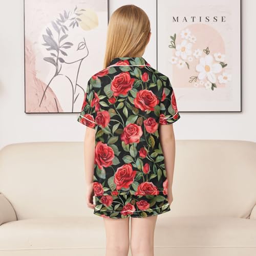 ALAZA Rose Flower with Leaves Black Pajamas Satin Pajama Set Short Sleeve Button Down Sleepwear4
