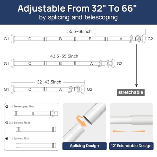 Image of ENJOYBASICS 2 Pack Tension Curtain Rod, 32-66 inch Adjustable, Stable, White | Secure Hold with Strong Spring & Non-Slip Ends, No-Drill, No Tools, Sag-Resistant, Waterproof, Fits Windows, Showers & Closet