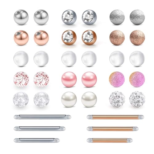 LAURITAMI 14G Zungenpiercing Nippelpiercing Edelstahl & Acryl Ersatz Piercing Kugeln 5mm Ersatz Barbells 14/14/16mm Zungenpiercing Brustwarzenpiercing Körperschmuck