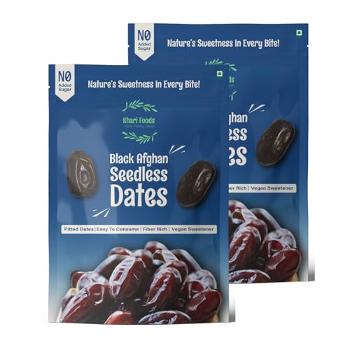 Image of Khari Foods Premium Black Afghan Seedless Dates, Easy To Consume, High Fibre, Soft Dry Fruit Khajur /khajoor, Energy Feel Good Snacks, No Added Sugar (400g (Pack 2))