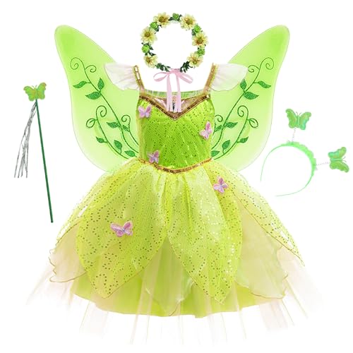 New front Princesa Tiana Tinker Vestido Niña Disfraz con Accesorios Carnaval Halloween para Fiesta Cumpleaños Cosplay Coronación Navidad Campanilla Vestido,Verde,130
