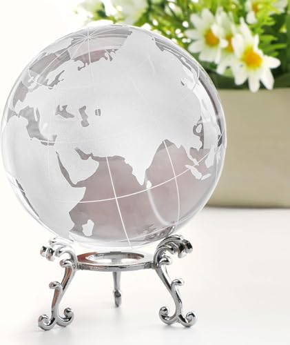 Image of 3.15in Crystal Earth Globe with Stand Glass World Globe Paperweight | Premium K9 crystal Includes metal stand Ready for desk office bookshelf and home display