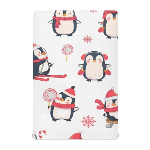 Moudou Christmas Penguin Playard Sheet for Boy Girls, Soft Breathable Fitted Toddler Sheet for Standard Playard Bed Mattress, 39 x 27 x 5 Inch