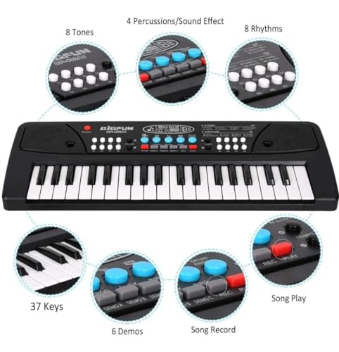 Kids Piano Keyboard with Mic (1 Year Warranty) 37 Keys 8 Rhythms 8 Tones 6 Demos Portable Electronic Keyboard Toy Beginners Educational Songs Recording Musical Toys 2 3 4 5 Years Boys Girls