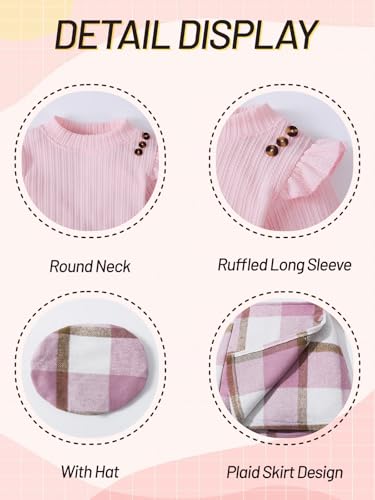 Patgoal Toddler Girls Fall Winter Clothes 3 Piece Outfits Kids Long Sleeve Ribbed Knit T Shirt Sweater Plaid Mini Skirt Set4