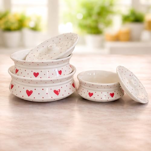 Image of Niyara Red Heart Design Ceramic Casserole with Lid | Multipurpose Serving Bowl | Microwave Safe Serveware (Set of 3, Sizes: 1000ML, 650ML, 550ML)