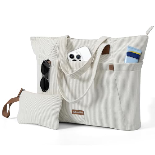 Sylvanthos Tasche Handtasche Damen Cord Tote Bag Strandtasche mit Reißverschluss 17 Zoll Laptoptasche Arbeitstasche Große Shopper Tasche für Arbeit Reise Schule - Beige