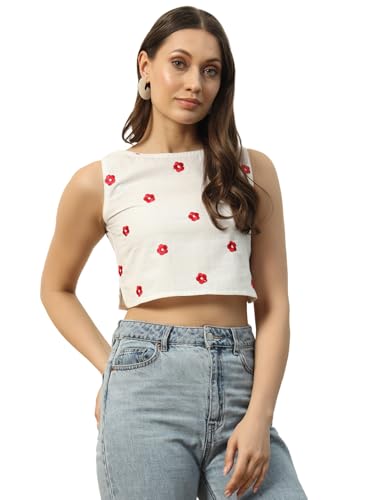 FIORRA Women's White Embroidered Cotton Crop Top