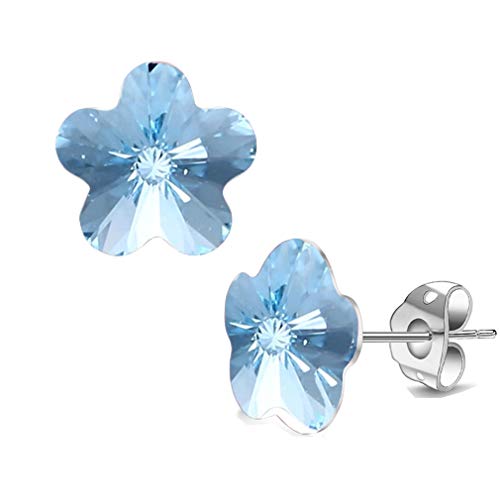 Flower Austrian Crystal Stud Earrings for Women Fashion 925 Sterling Silver Hypoallergenic Jewelry (Aquamarine)