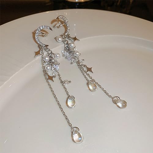 Kercisbeauty Moon Ear Cuff Stars Tassels Wrap Clip Earrings Non Pierced Ear Climber for Women Fairy Costume Silver Jewelry2