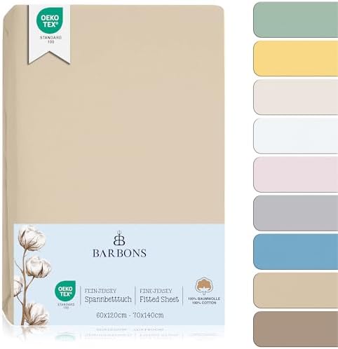 BARBONS Spannbettlaken für Baby Kinderbett 60x120 / 70x140-100% Jersey Baumwolle Spannbetttuch Oeko-TEX Standard 100 Zertifiziert Bettlaken für Babybett - Sand 60 x 120/70 x 140 cm