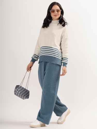 Image of Kvetoo Women Winter Coord Set Wool Blend Tracksuit High Neck Sweater and Wide Leg Pants Warm Knitwear Pyjama Set for Casual Office Travel Wear